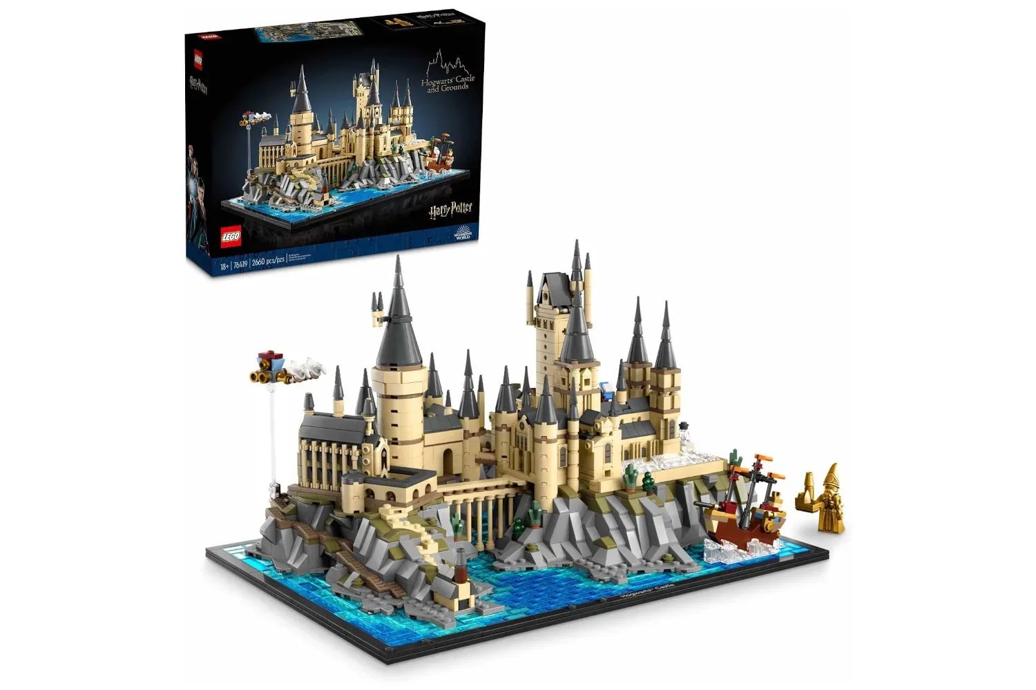 LEGO Harry Potter Hogwarts Castle and Grounds display model with castle, cliffs and surrounding details