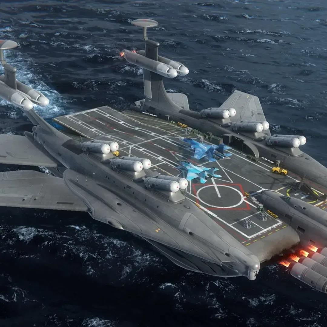 Side-by-side comparison of Alex Jay Brady's atomic ekranoplan carrier concept and Modern Warships' RF Bartini A-2000-7