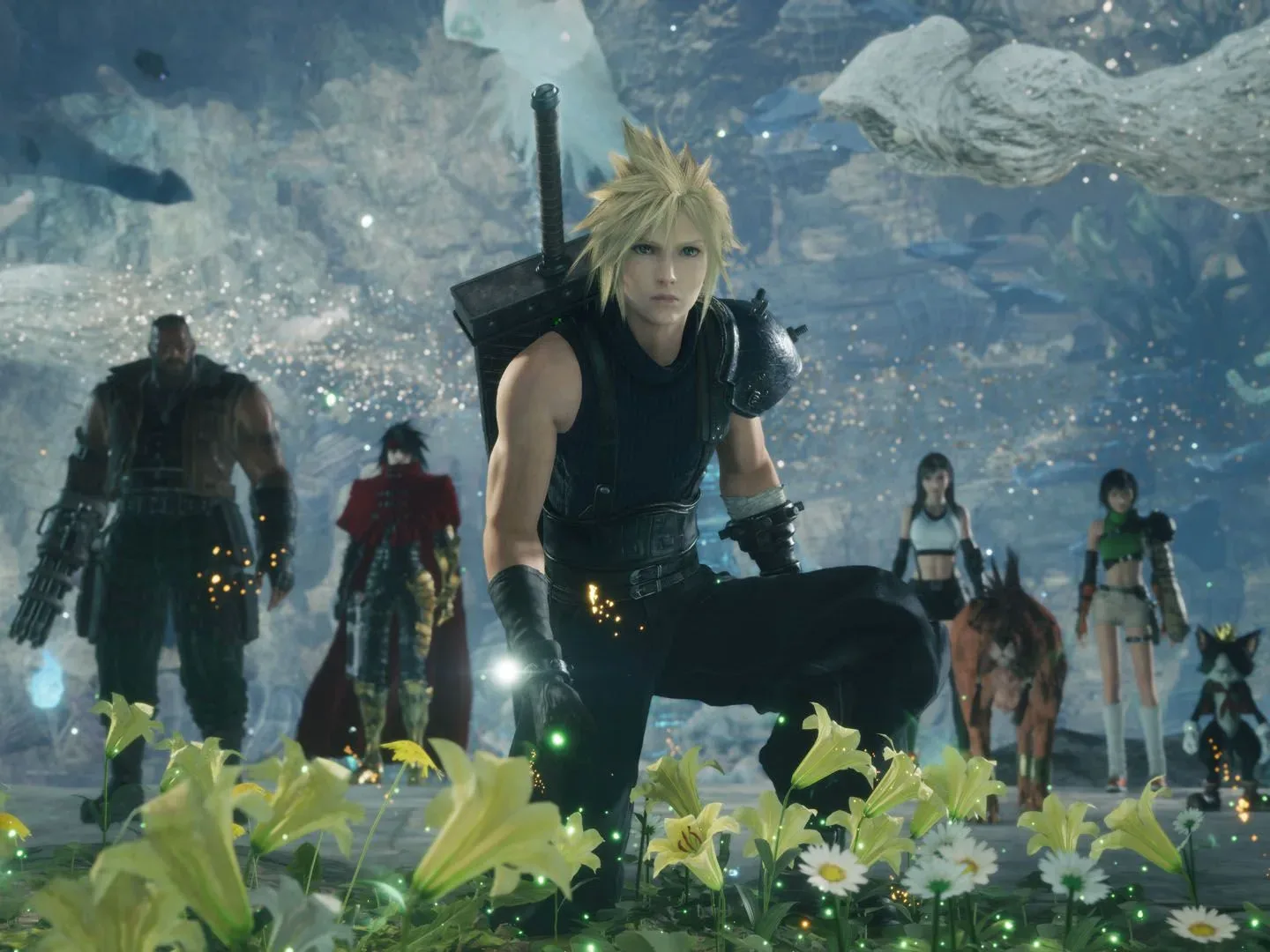Flanked by party members, Cloud takes a knee in front of yellow flowers in Final Fantasy 7 Revelation