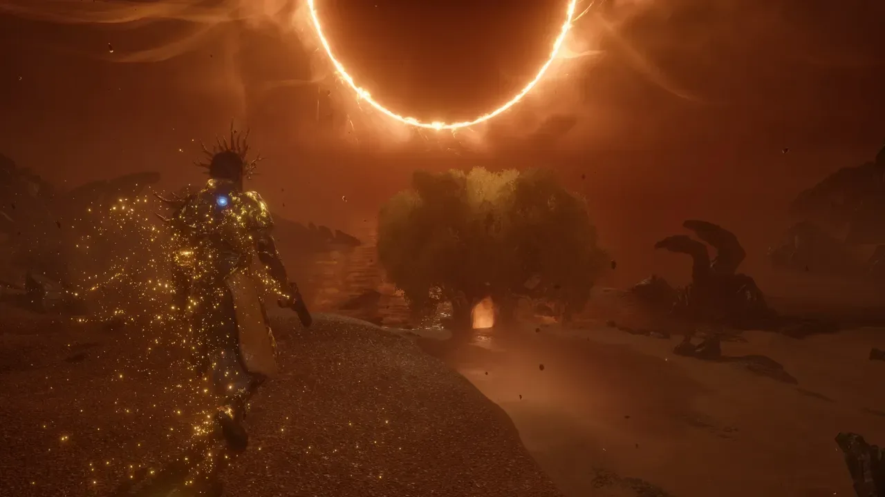 Saros combat scene showing projectile slowdown accessibility options