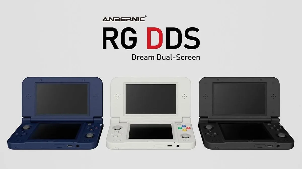Anbernic RG DDS dual-screen clamshell handheld shown open with two displays