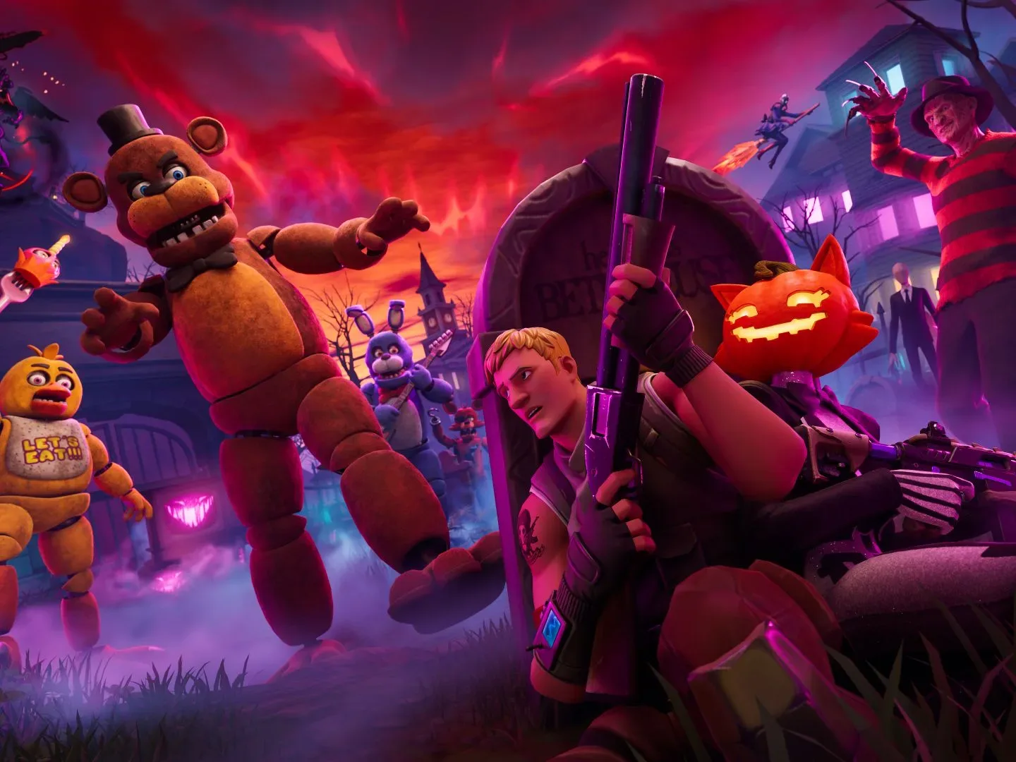 Halloween-themed Fortnite characters including Skull Trooper in a foggy live setting