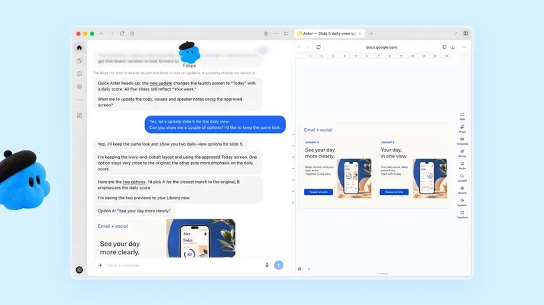 A screenshot showing a Dot named Felipe helping a user update their pitch deck.