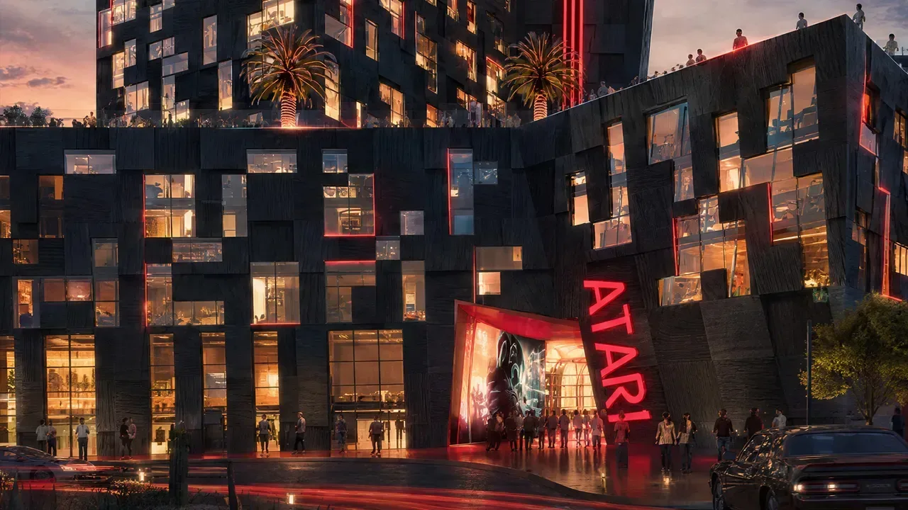 Early cyberpunk-style concept art for the Atari Hotel