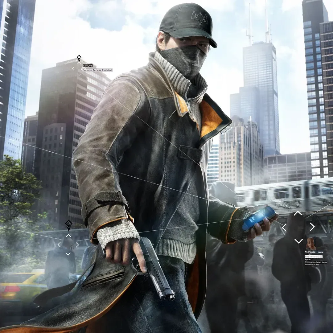 Watch Dogs logo over a stylized connected-city skyline