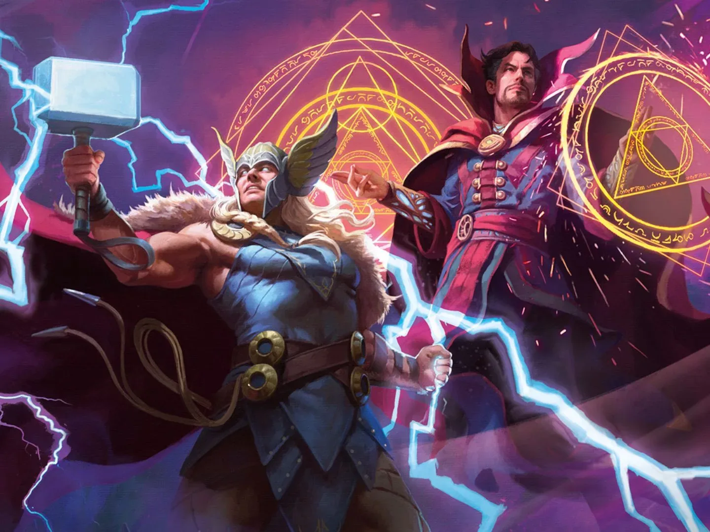 Thor and Doctor Strange prepare for battle against a purple, ominous background