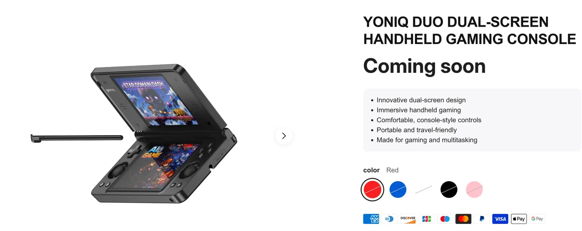 Yoniq Duo Crowdfunding Launch Delayed as Dual-Screen Handheld Gains Five Planned Colours