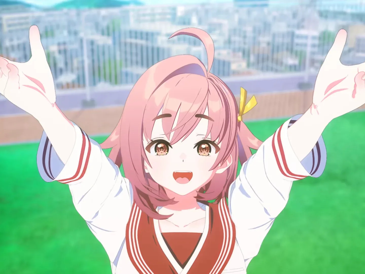 An anime girl raises her hands in Ame Nochi Hare Onna