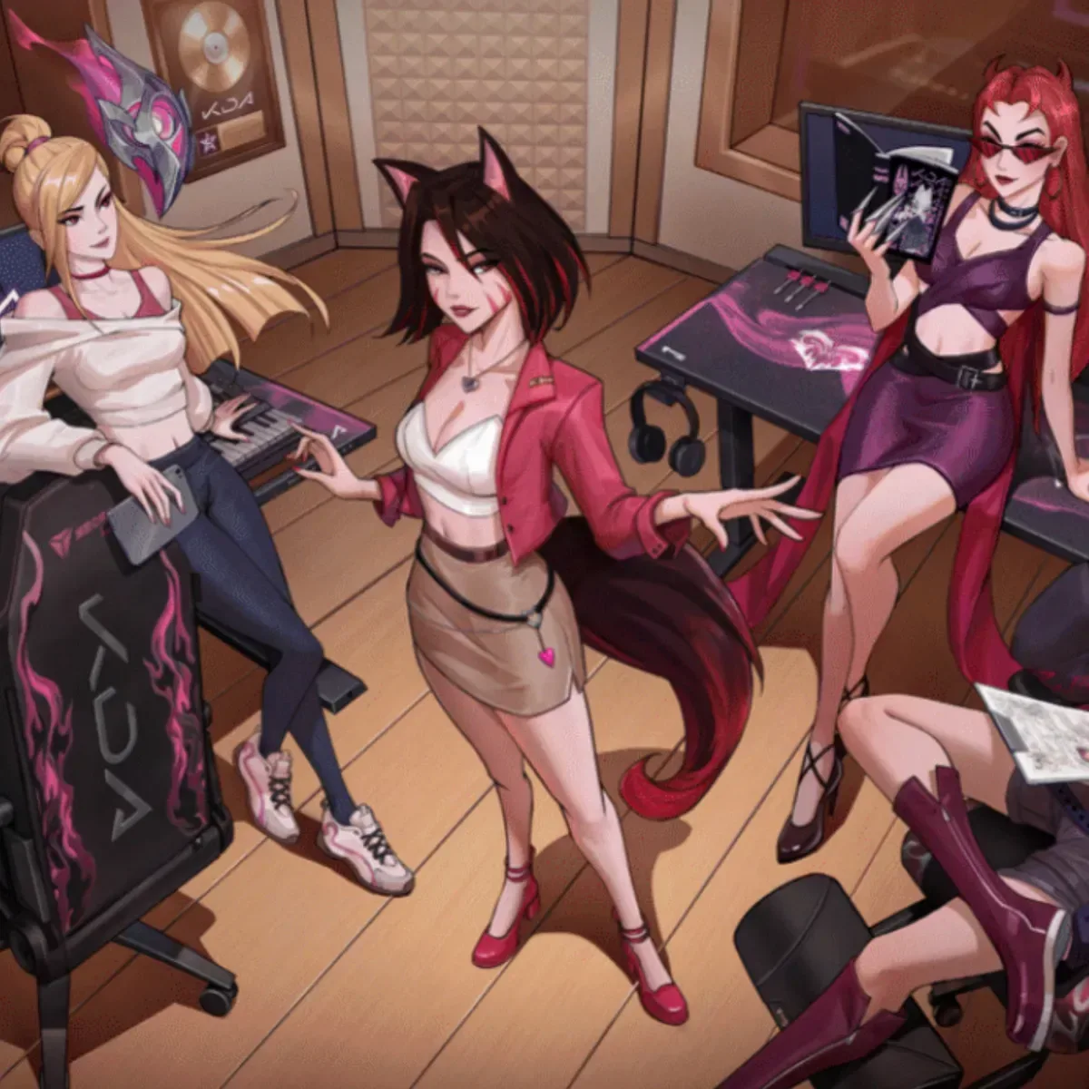 Secretlab x K/DA Firestarter Titan Evo gaming chair with purple flame artwork and K/DA member symbols