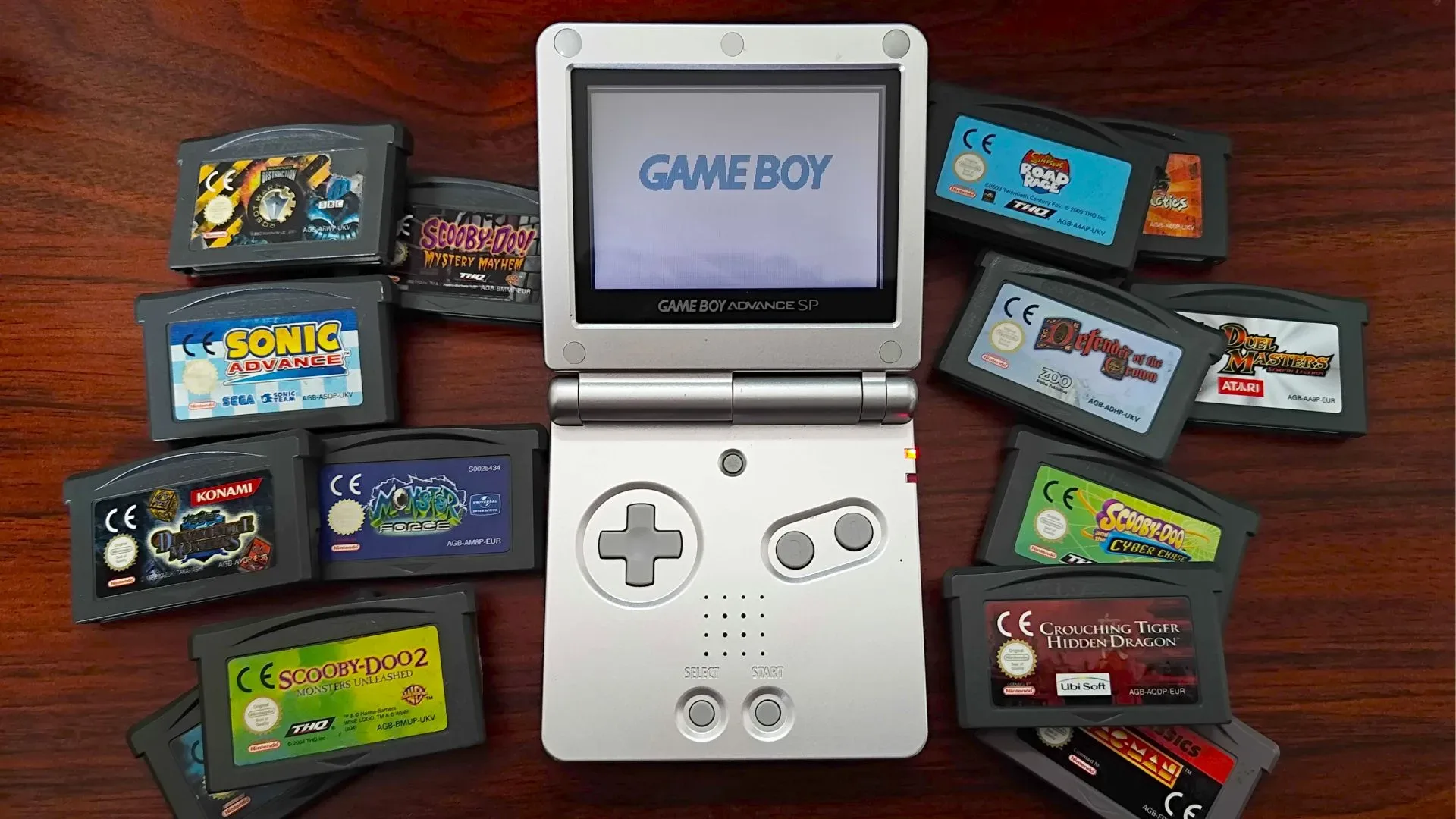 FPGBA SP clamshell prototype running Pokémon Ruby or Sapphire
