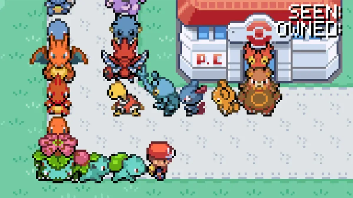 A Pokémon FireRed-style player character followed by a long chain of Pokémon sprites in Pokémon Snake