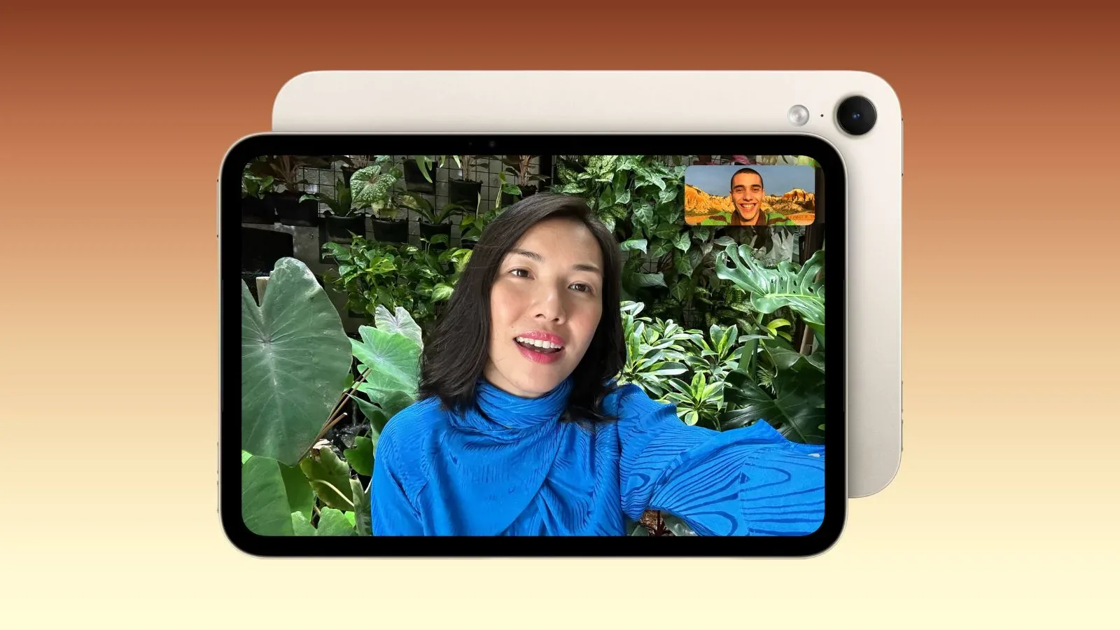 New iPad mini shown in landscape orientation with its front-facing camera centered along the top edge