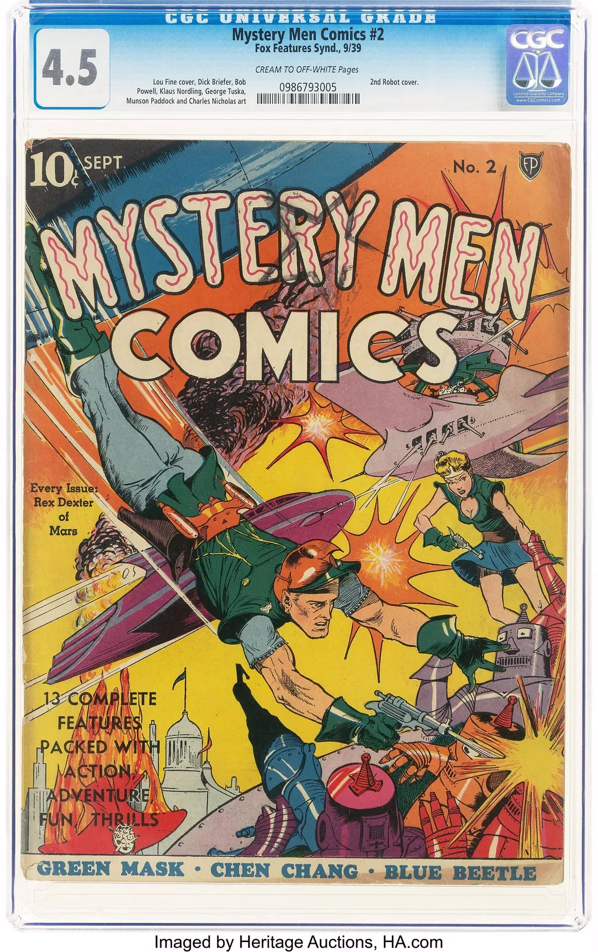 Mystery Men Comics #2 (Fox, 1939) front cover by Lou Fine, showing armed adventurers, robots and aircraft beneath the Mystery Men Comics masthead. The CGC Universal label shows 4.5.