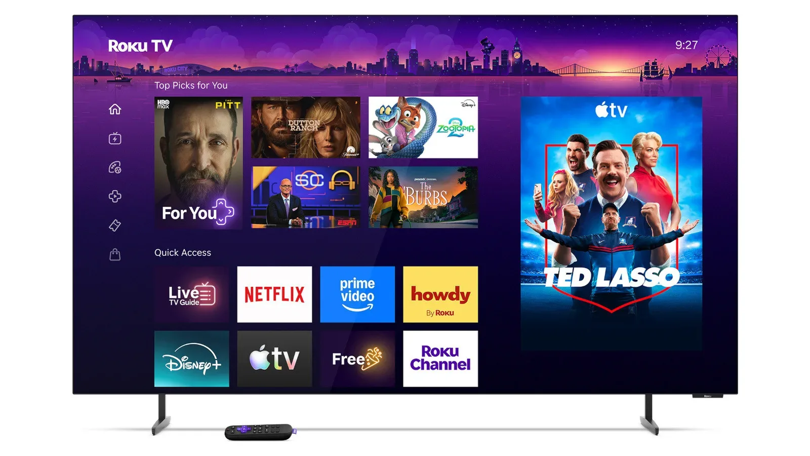 Roku Pro Series LX OLED television displaying a game on a thin-bezel screen
