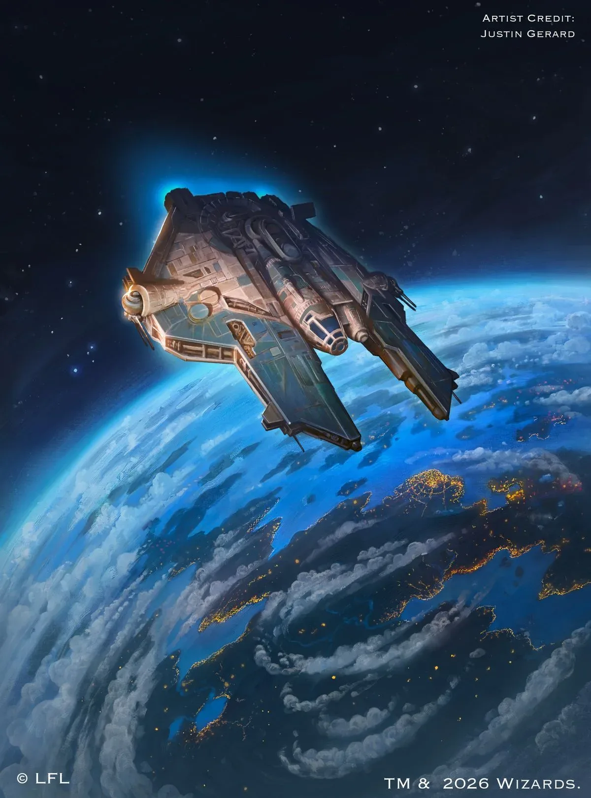 A ship flies above orbit in artwork from D&D Star Wars