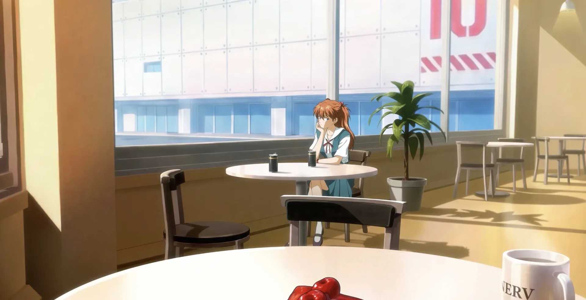 2D animated trailer scene from Evangelion:Δ Cross Reflections showing a new character amid falling damaged ships
