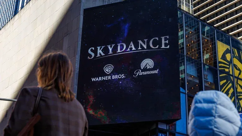 Warner Bros. studio water tower with Skydance corporate branding
