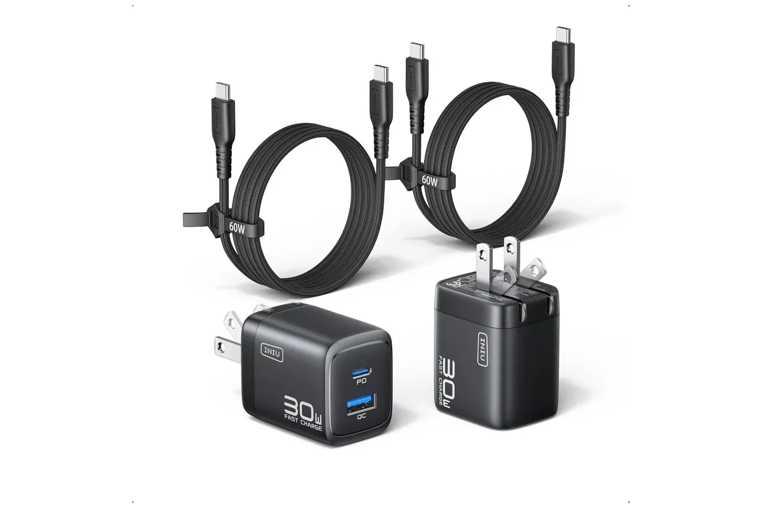 Two INIU dual-port wall chargers with USB-C and USB-A ports