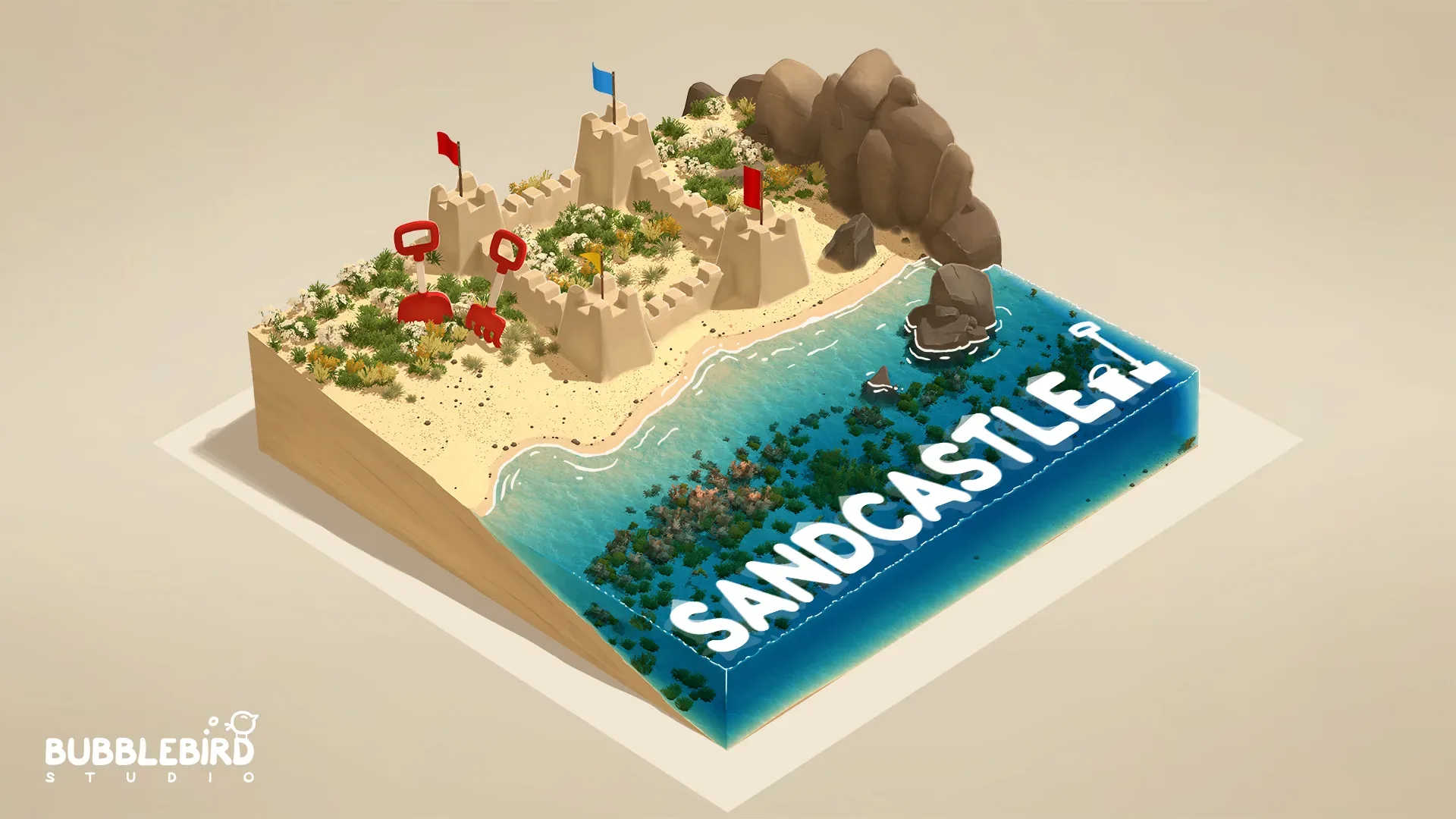 Sandcastle physics-based beach building scene