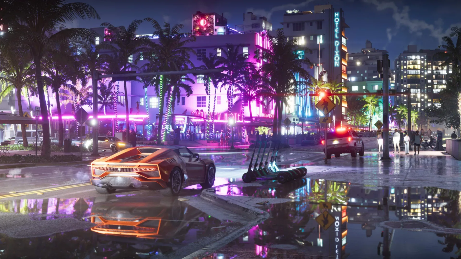 Grand Theft Auto 6 screenshot showing cars and pedestrians on a rain-soaked Vice City street at night with neon reflections