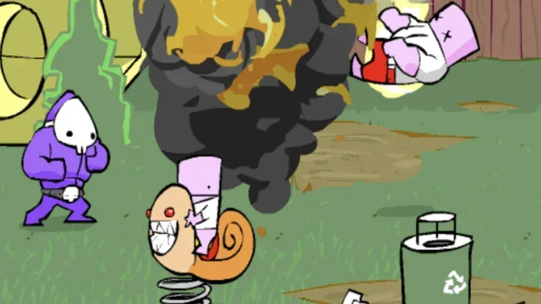 A screengrab from Dad n' Me shows a chaotic scene of brawling animated figures outdoors.