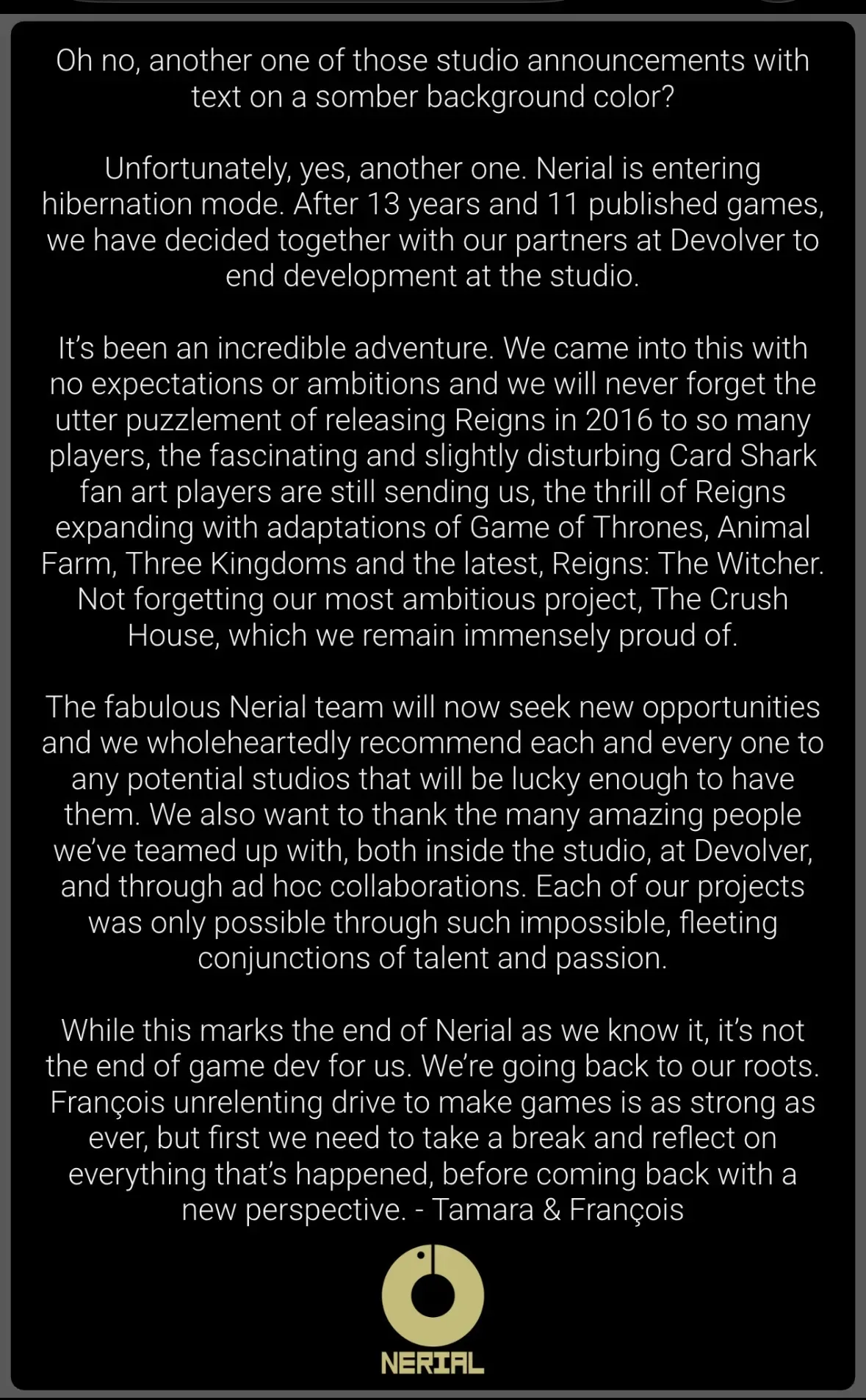 Nerial, the studio behind Reigns, is closing after nearly 13 years