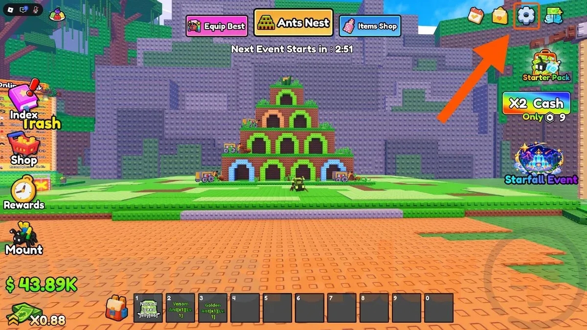 An orange arrow points to the settings icon in the top-right hand corner of the image, showing where you can redeem Build an Ant Empire codes.