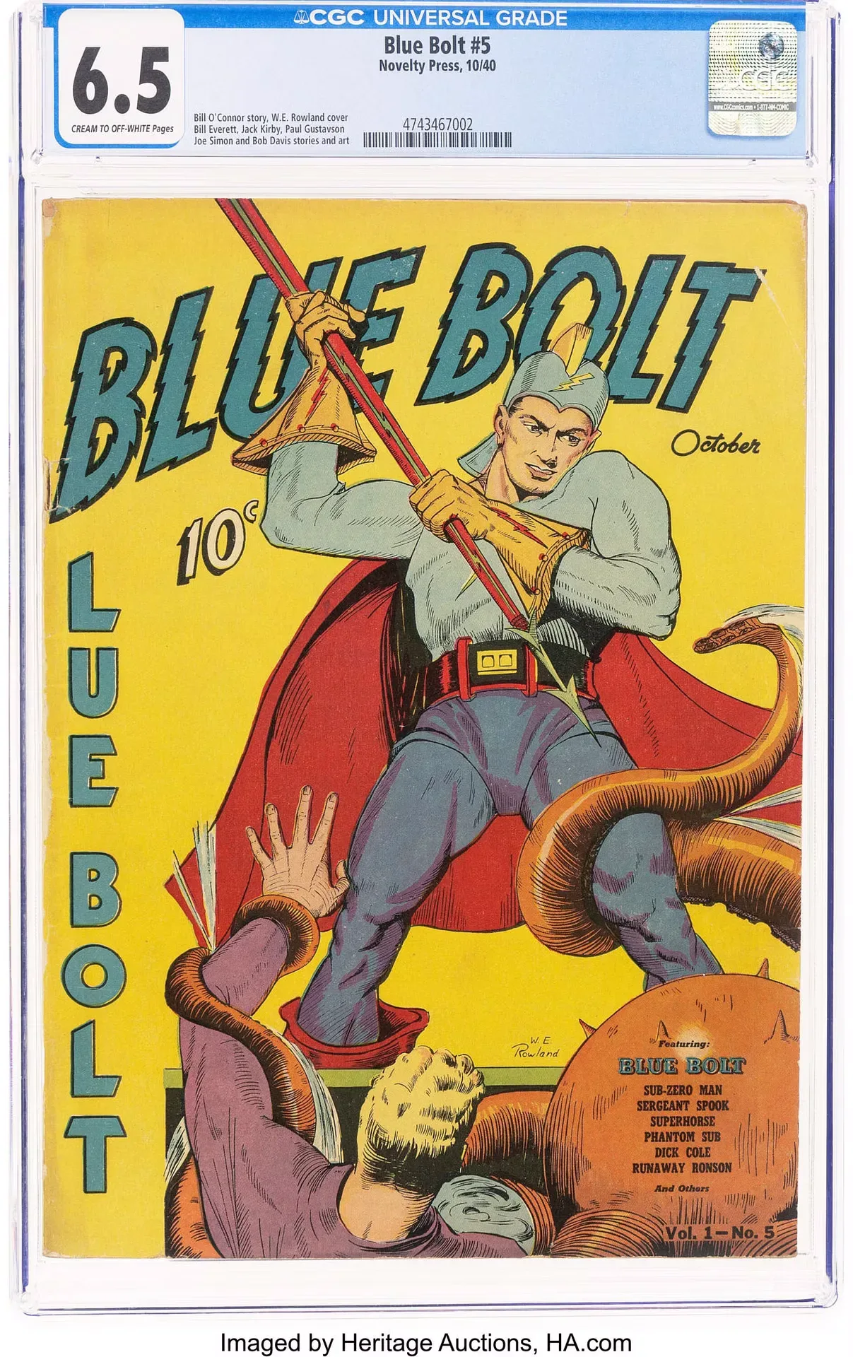 Blue Bolt #5 (Novelty Press, 1940) front cover signed W. E. Rowland. Blue Bolt raises a lance against an orange tentacled creature above a fallen figure; the CGC Universal label shows 6.5.