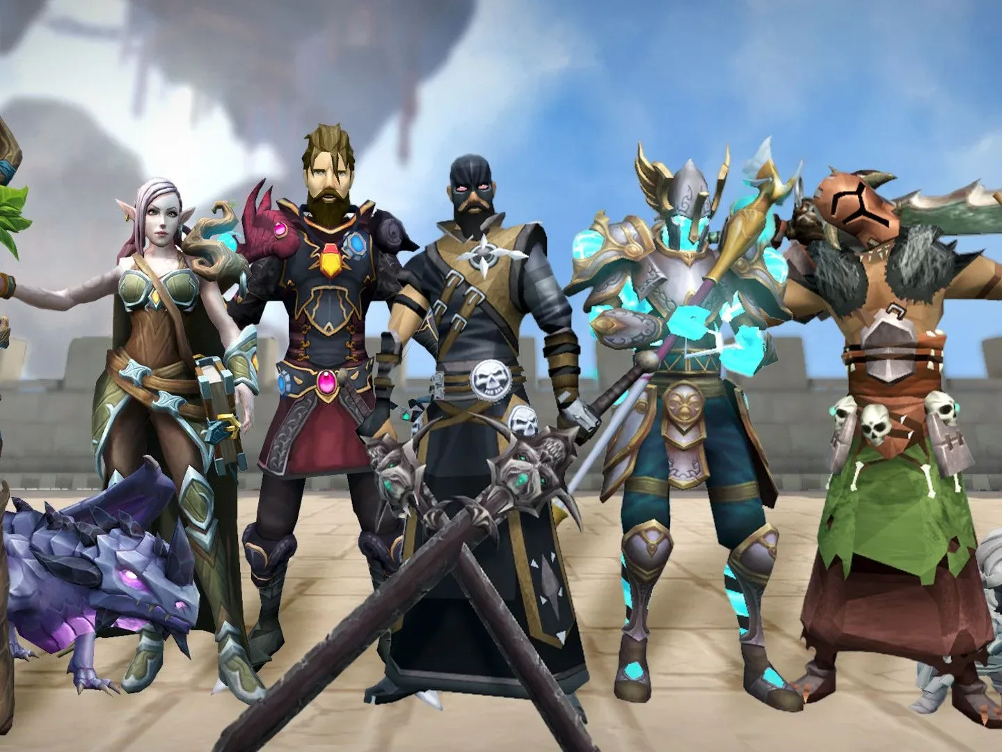 Runescape screenshot showing five characters: an elven woman, a brunette man with a beard, a hooded man, an armored man, and a man with a helmet on holding a weapon behind his shoulders.