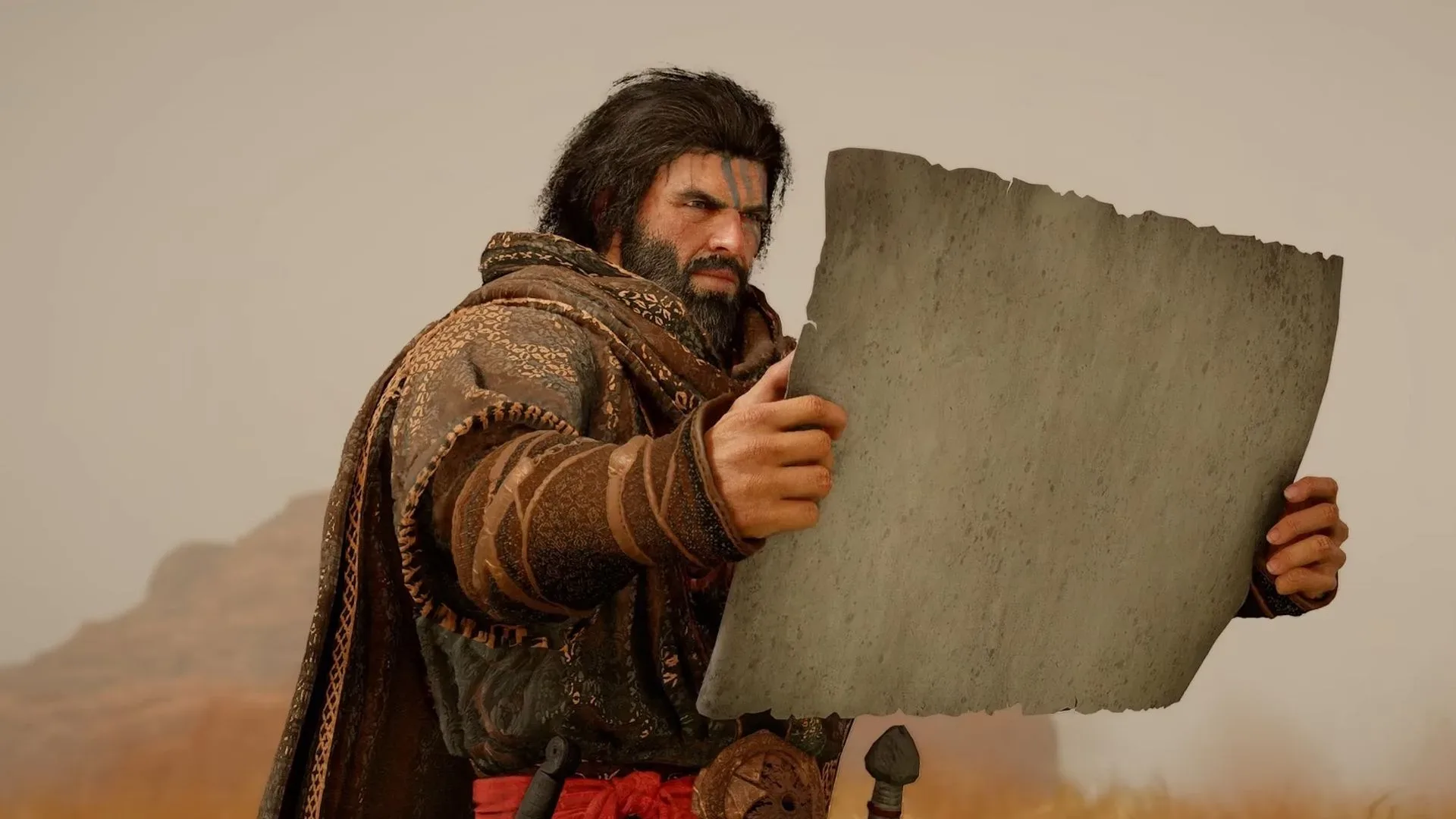 Crimson Desert warrior holding and looking at an unrolled map