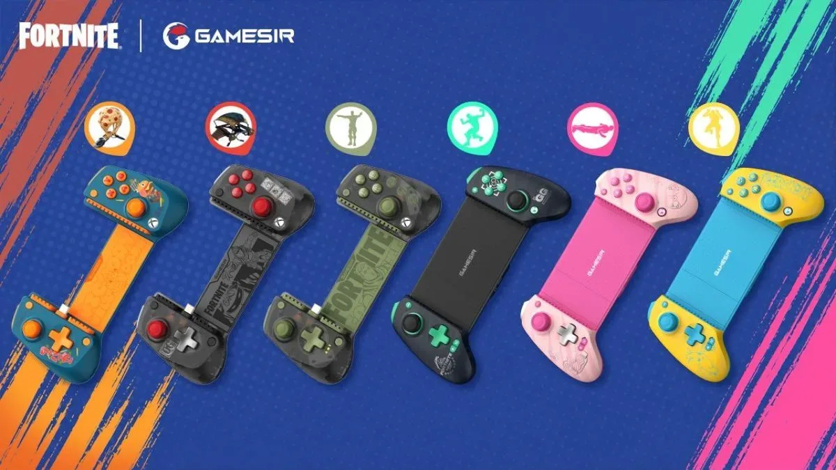 Fortnite special edition GameSir mobile controllers lined up on a blue background
