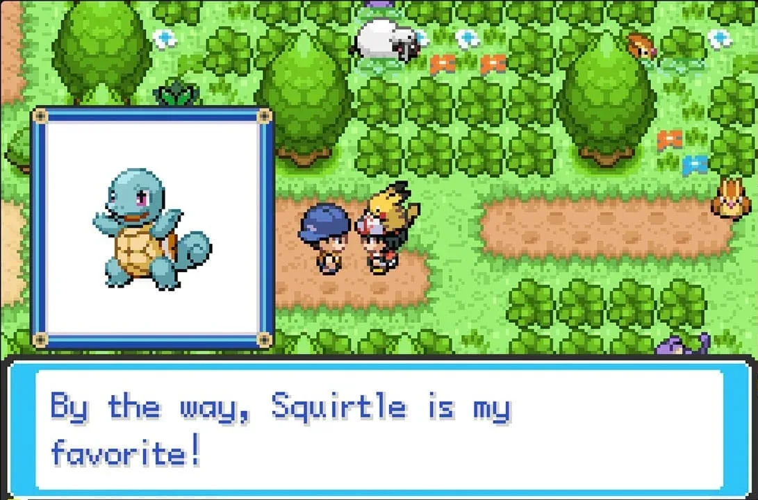 Player talking to a trainer. A picture of Squirtle sits next to them