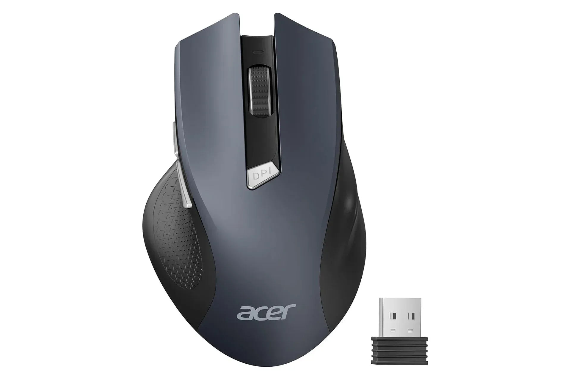 Black Acer wireless mouse beside a USB-A wireless receiver