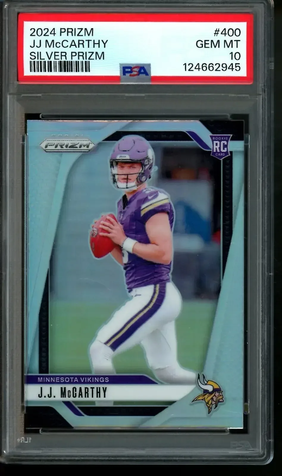 Image of player in purple jersey and purple helmet on shiny silver card from panini prizm.