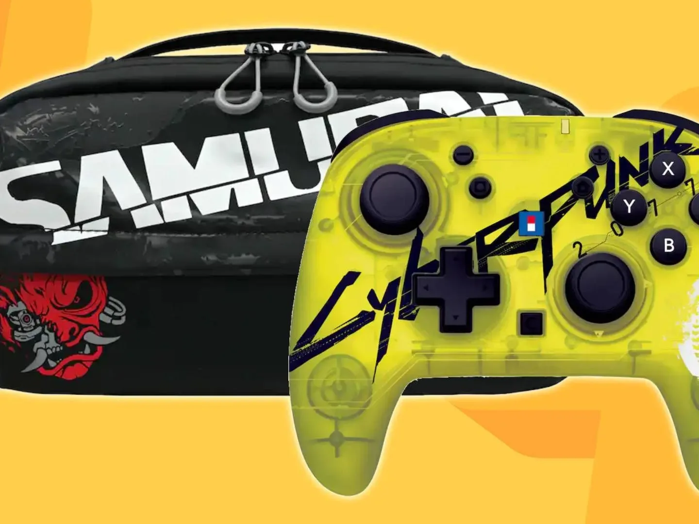Image of the Hori Switch 2 Cyberpunk accessories on a yellow GamesRadar+ background.