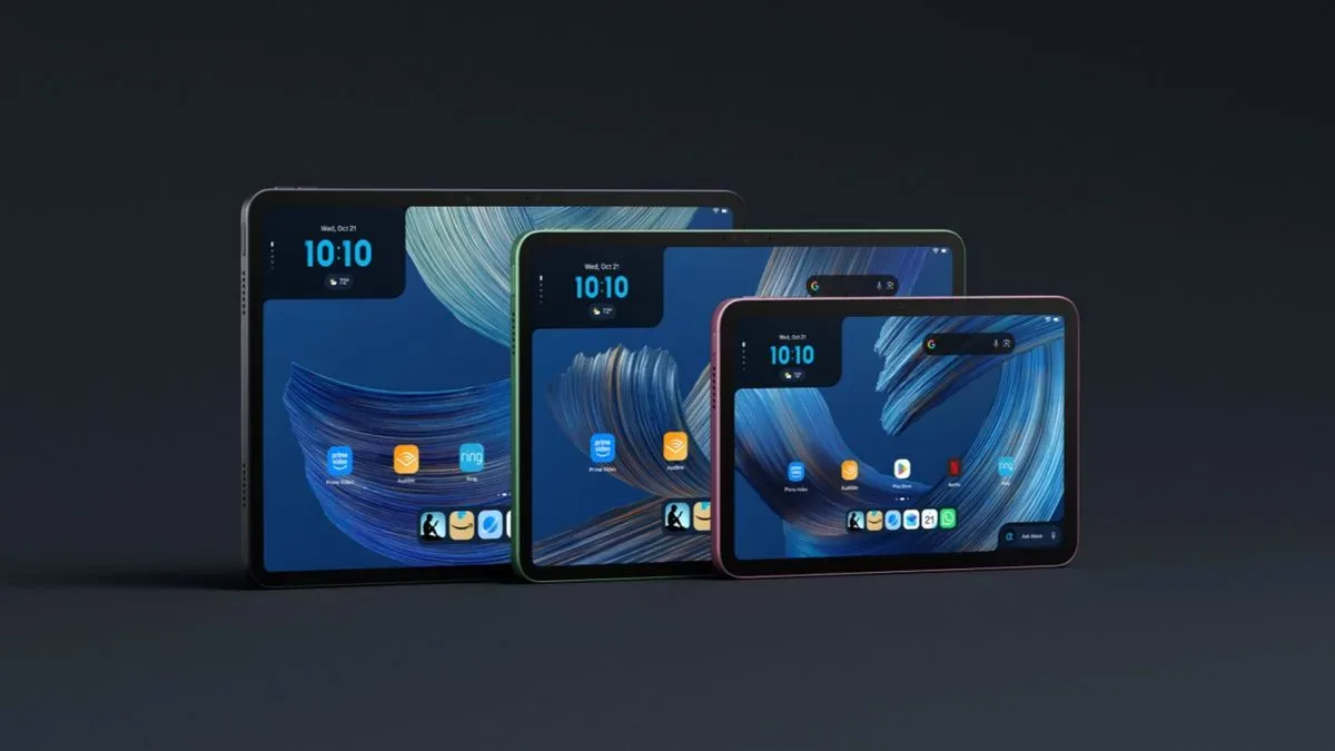 Three Amazon Alexa Tablets in a horizontal row on a gray background