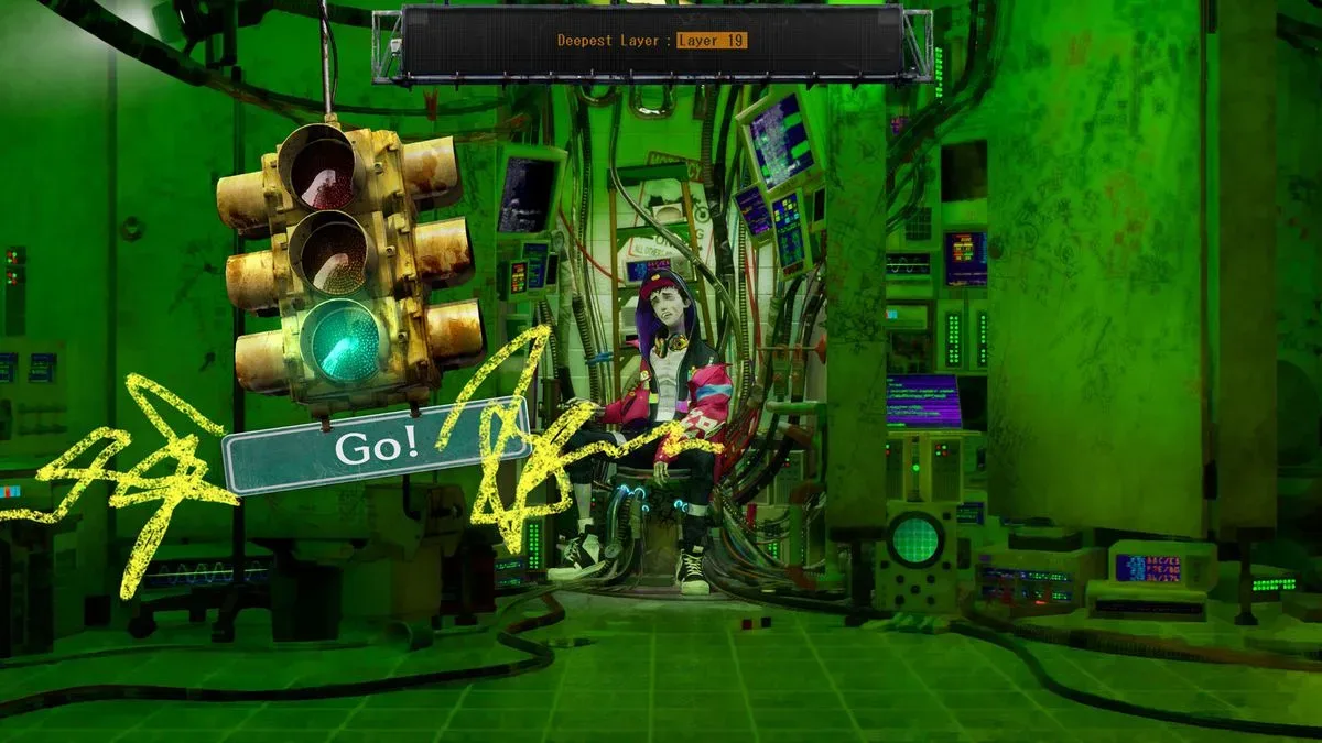 Davy looks dejected as he sits on a toiler hooked up with multiple mechanical tubes in Stupid Never Dies, as a traffic light counts down his access to the dungeon