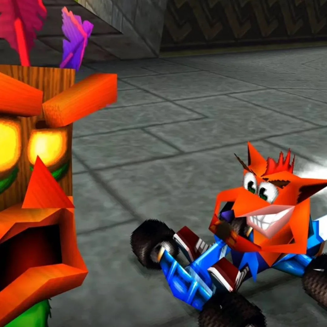 Screenshot of Crash Team Racing Turbocharged decomp for PC with Crash on blue kart and Aku Aku on right.