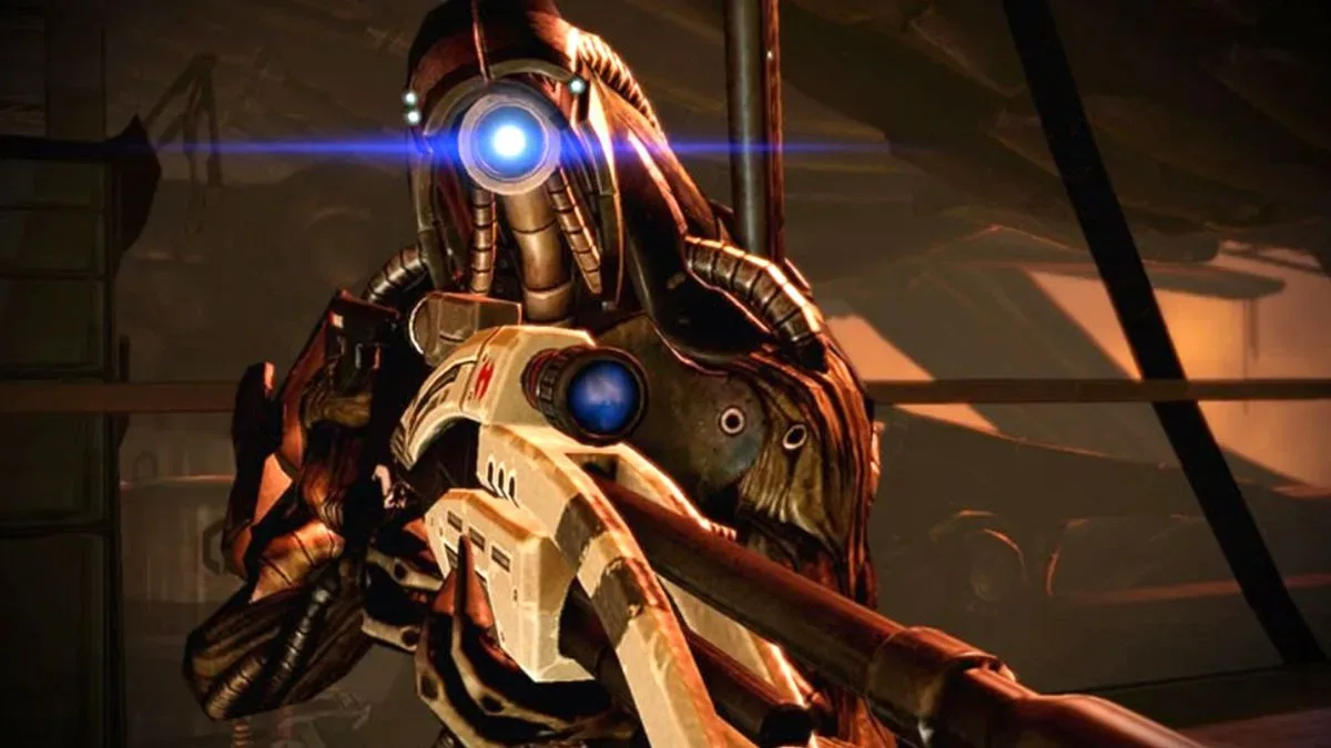 Legion holding a gun in the shooter, Mass Effect 2.