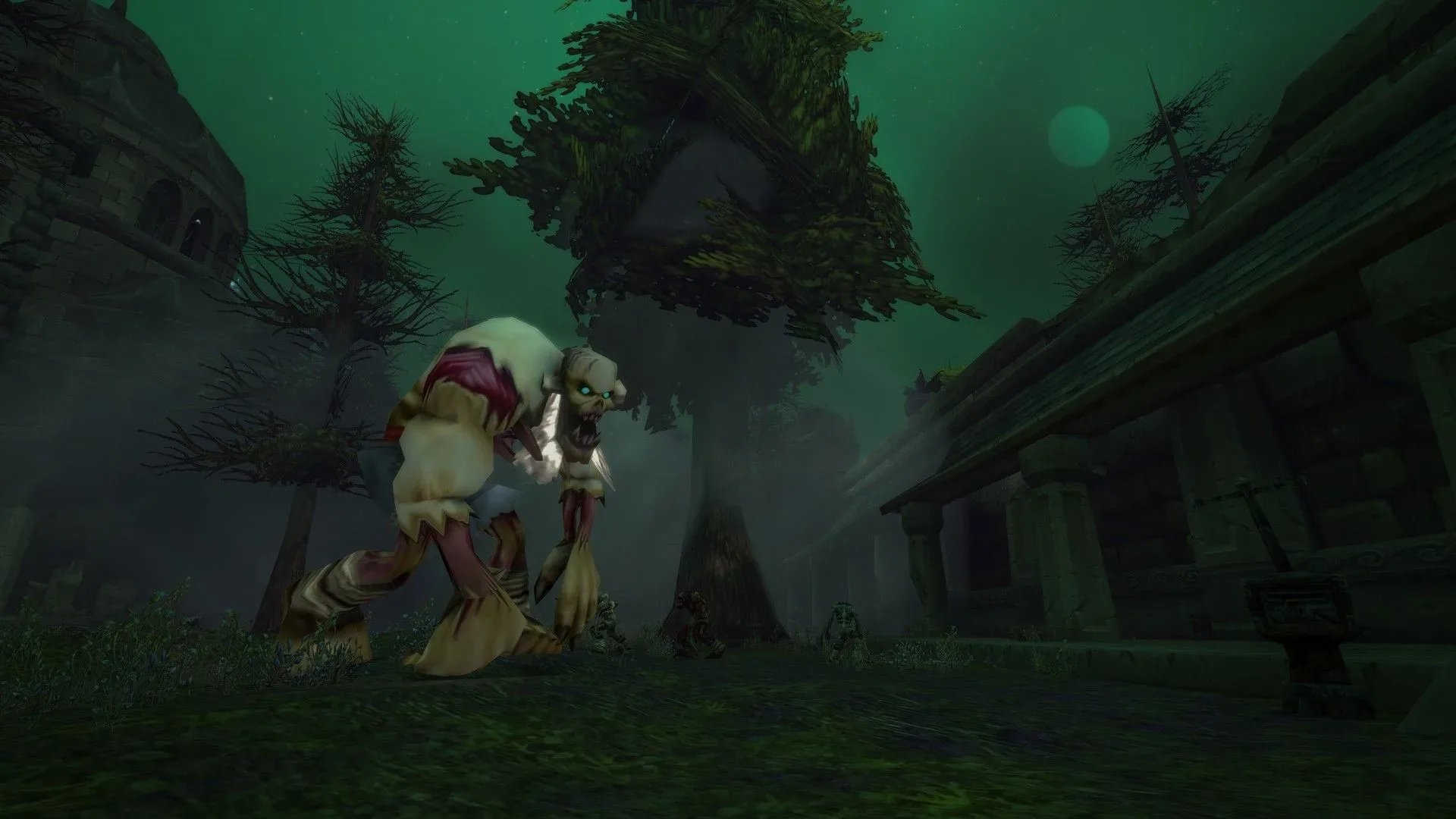 A zombie-like enemy patrols the Lordaeron dungeon exterior in World of Warcraft: Forever, surrounded by deep, green fog
