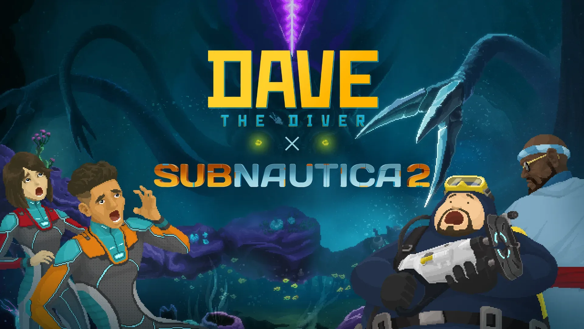 Dave and Bancho travel through a portal toward Proteus in the Dave the Diver Subnautica 2 Content Pack