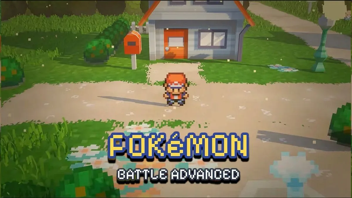 Pokémon Battle Advanced shows a 3D voxel-style Kanto environment with a trainer and starter Pokémon