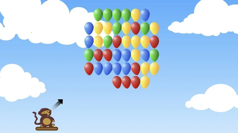 A monkey sits on a platform in the sky with a few dozen multicolored balloons above him in a 2D game.