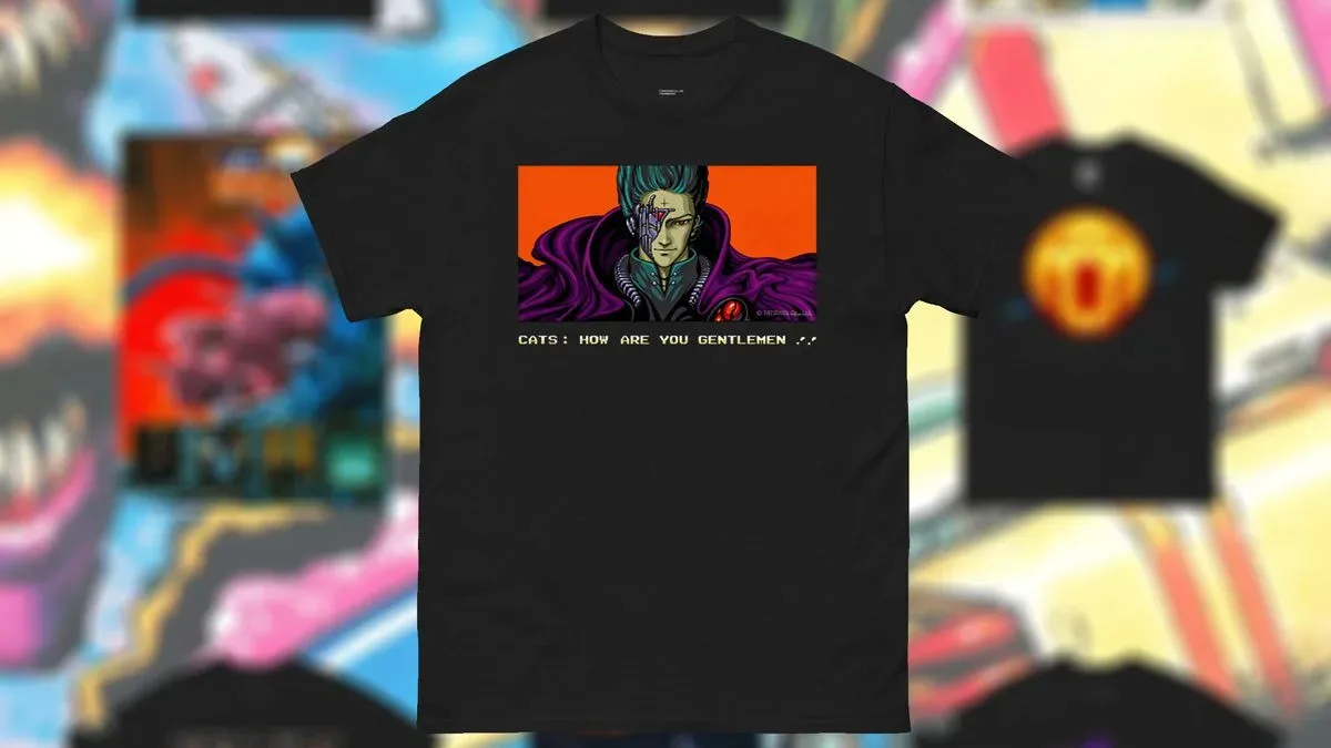 Black t-shirt with CATS from Zero Wing and caption "how are you gentlemen !!"