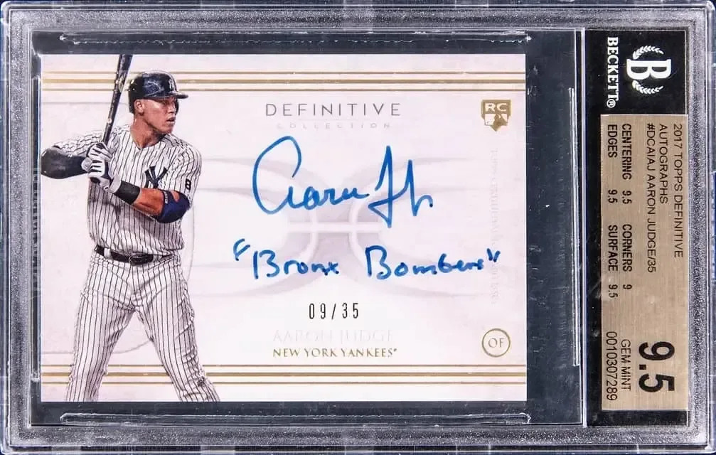 2017 Topps Definitive Aaron Judge rookie autograph card with Bronx Bombers inscription