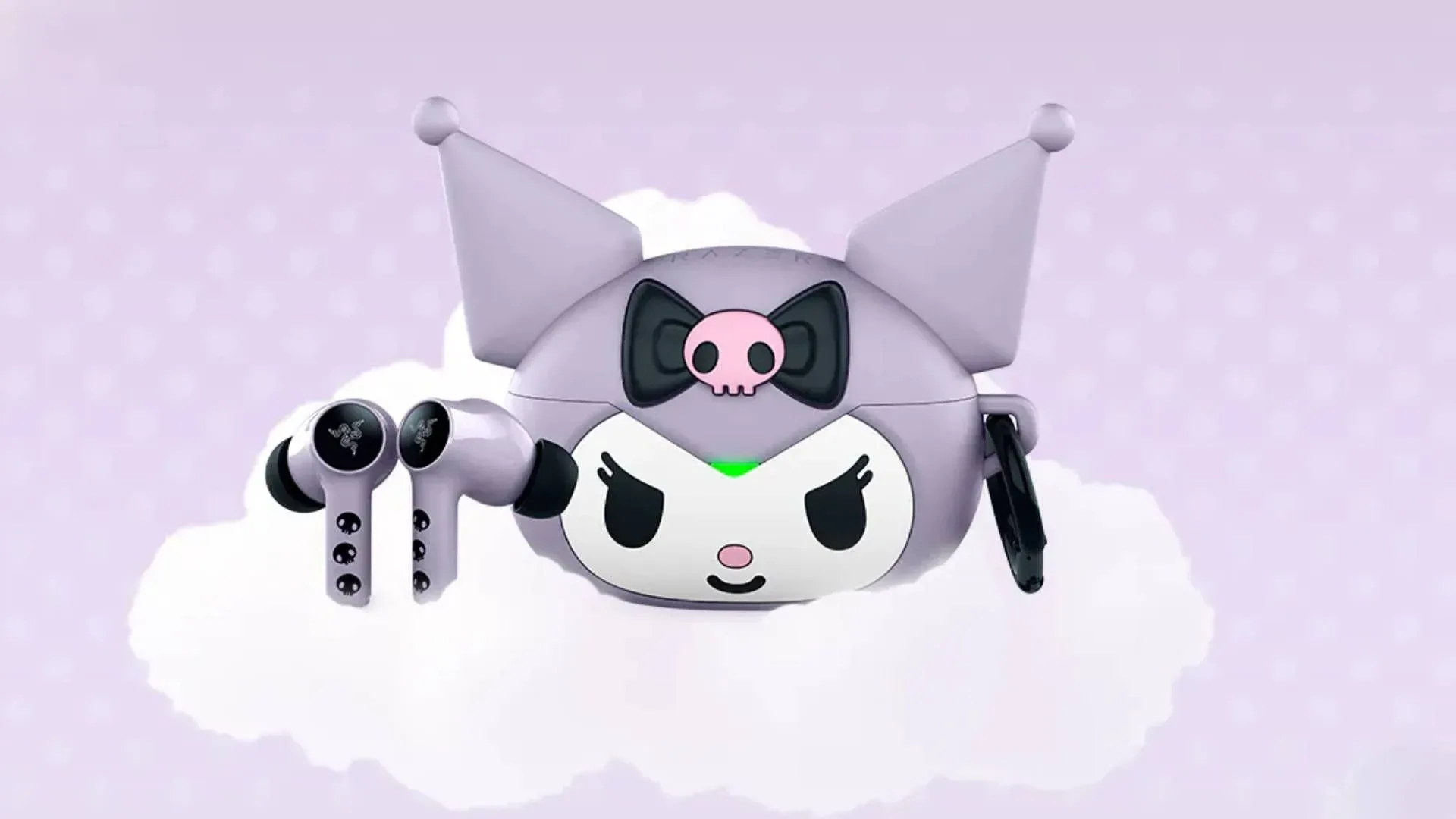 Razer Kuromi Edition Hammerhead V3 X HyperSpeed earbuds in a pastel purple charging case shaped like Kuromi’s head