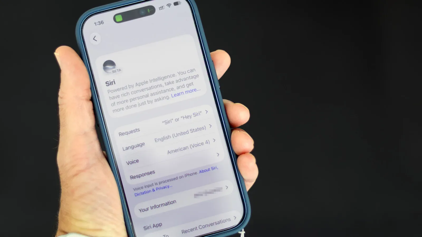 iPhone Settings screen showing Apple Intelligence and Siri controls
