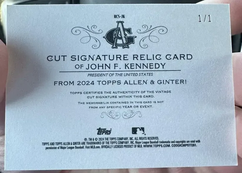 Back of the 1/1 John F. Kennedy relic autograph pulled by Robert Marsh.