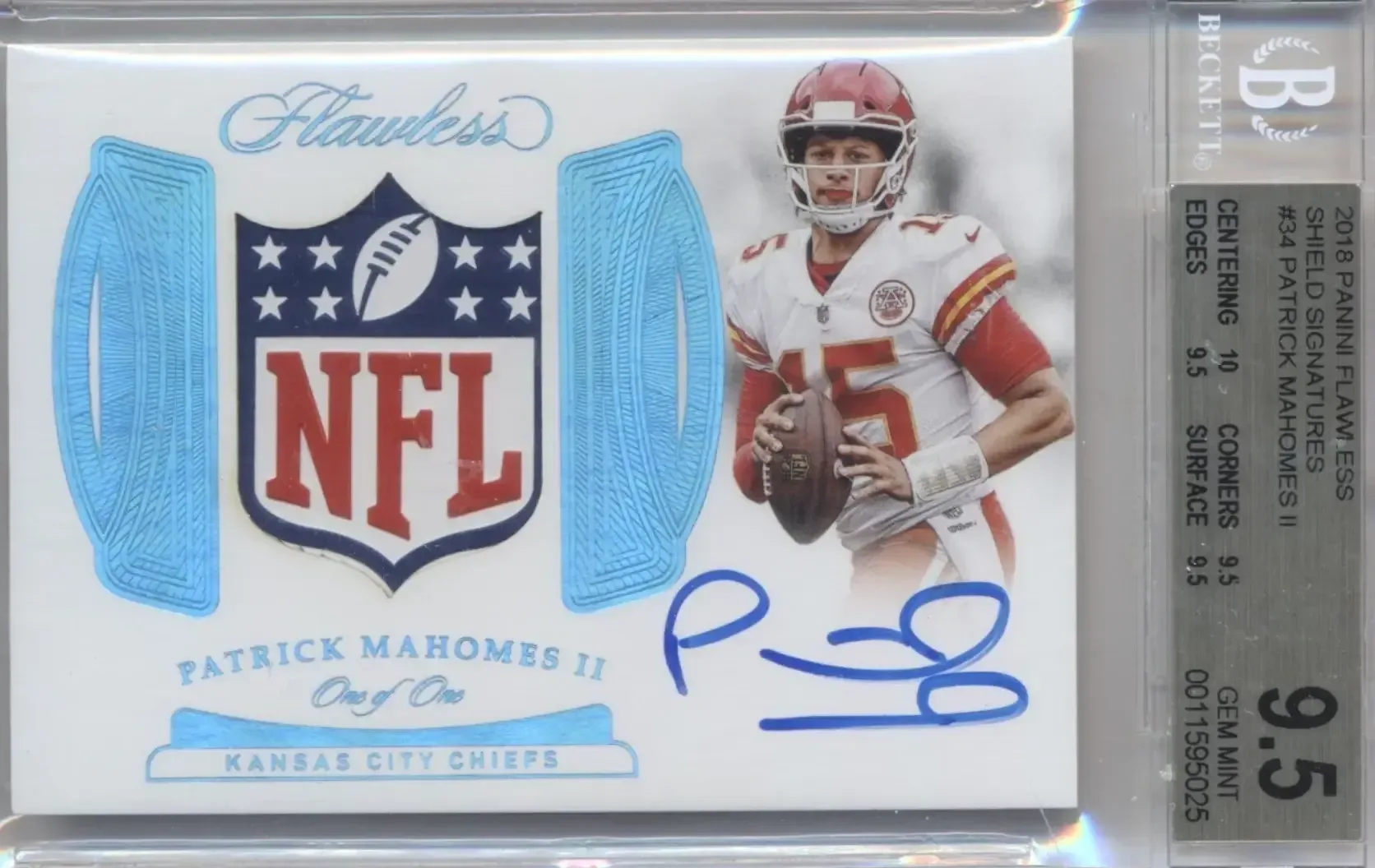Image of player on right with blue autograph below, NFL shield on left in 9.5 BGS slab.