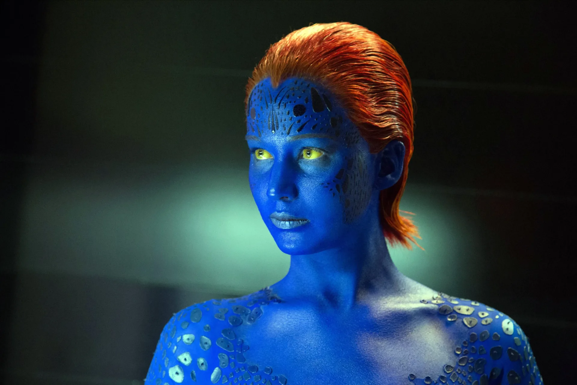 Jennifer Lawrence as Mystique in blue character makeup